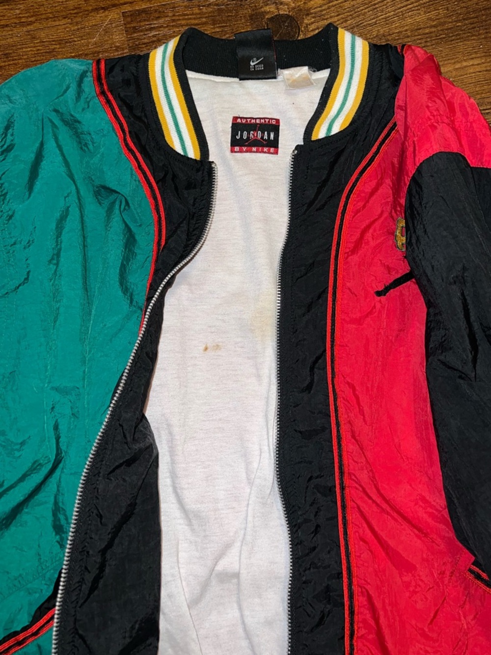 90s Rare Nike Air Jordan Black Red Green Bomber Zip Up Nylon Jacket Size XL - Picture 10 of 14